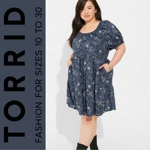 Torrid Blue Floral Mini Chambray Puff Sleeves Smocked Dress, NWT!